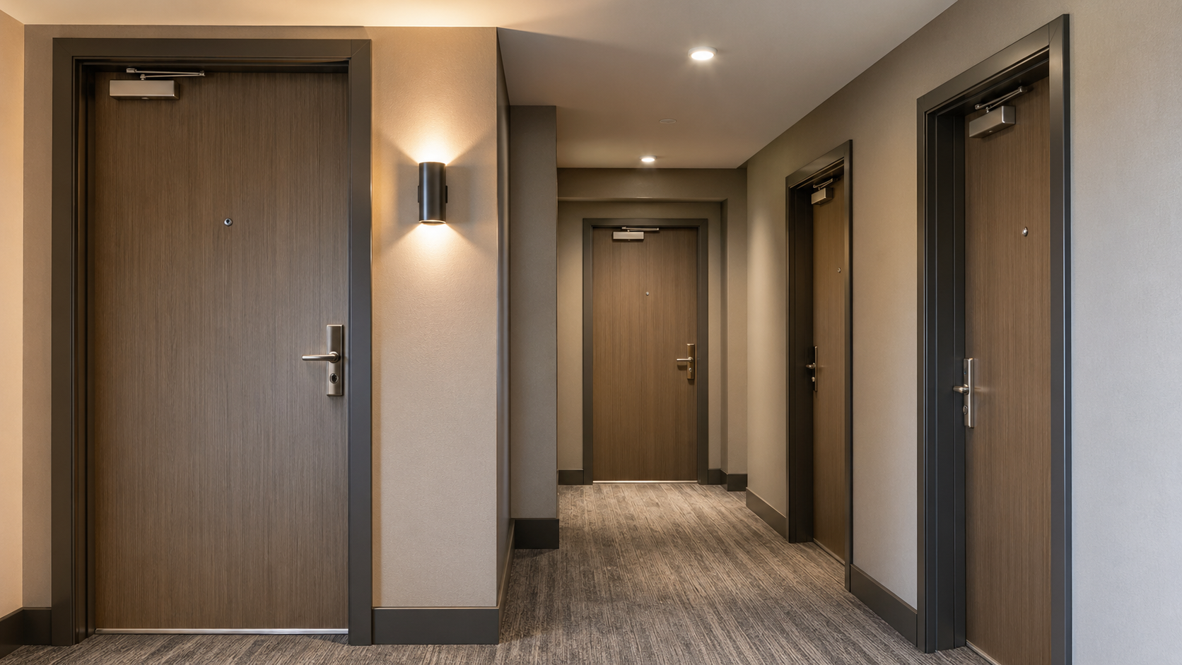 Commercial corridor with coordinated fire doors