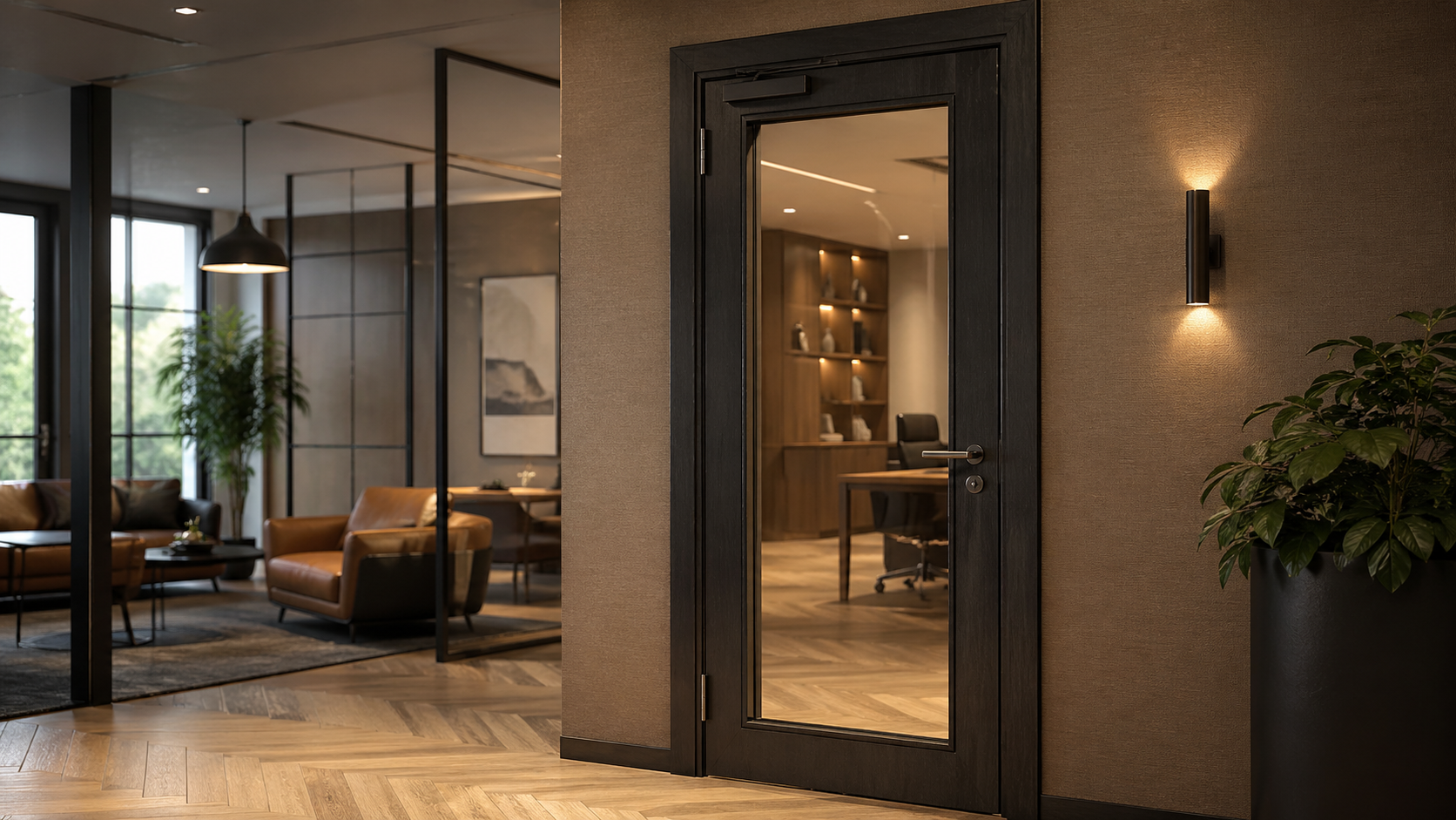 Glazed fire door within a premium office interior