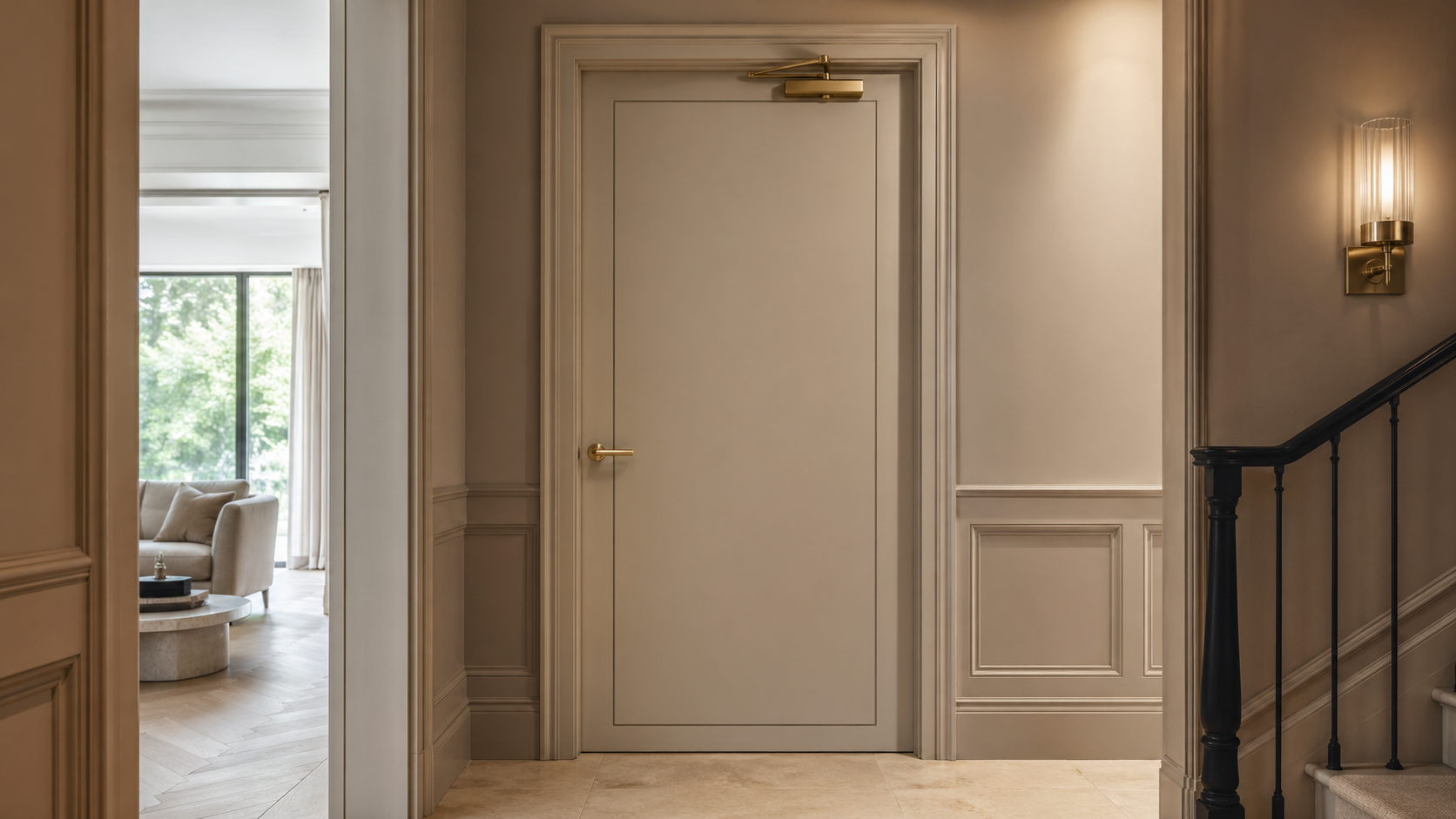 Elegant bespoke painted fire door within a refined hallway