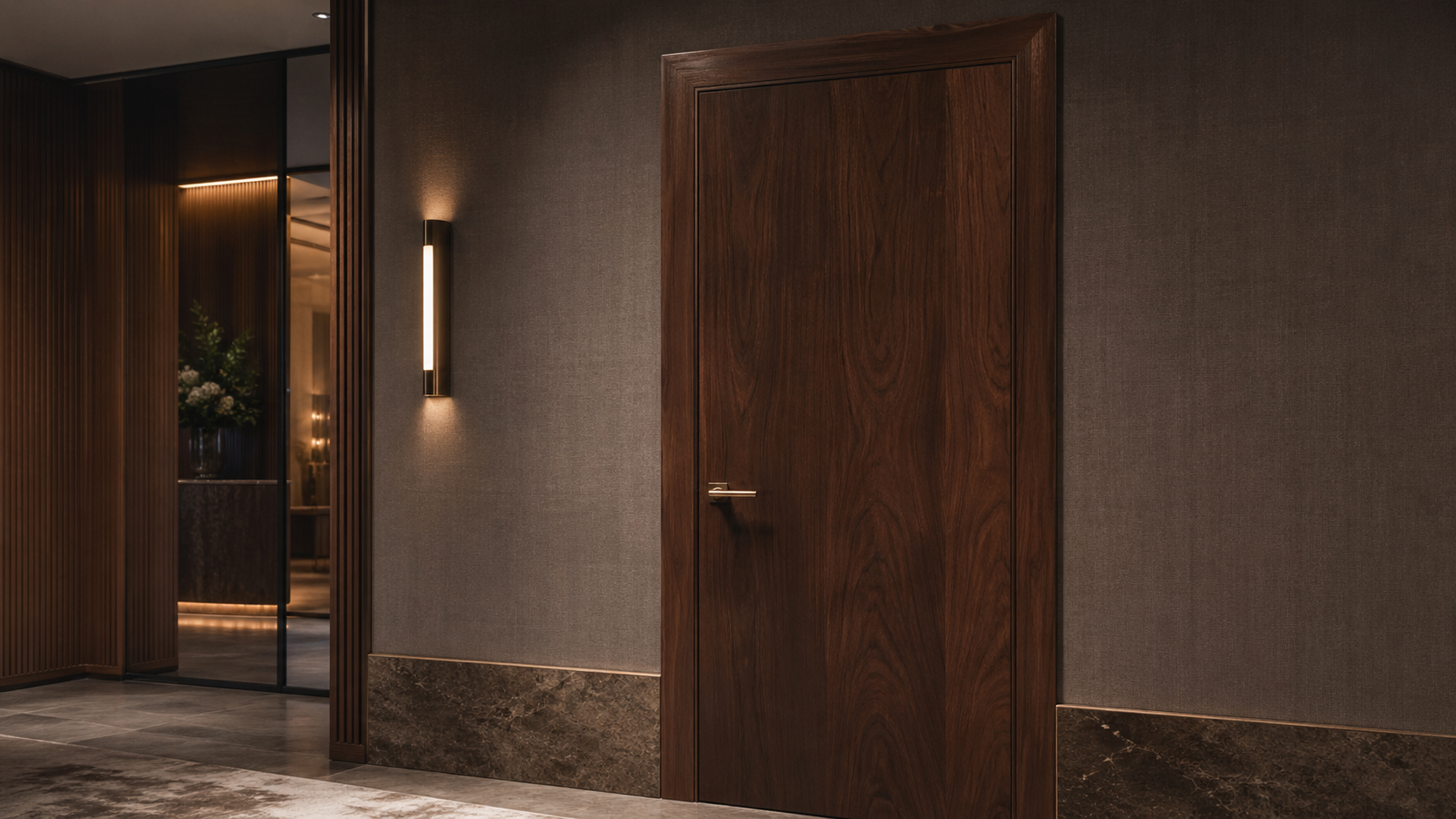 Walnut veneer fire door in a luxurious corridor
