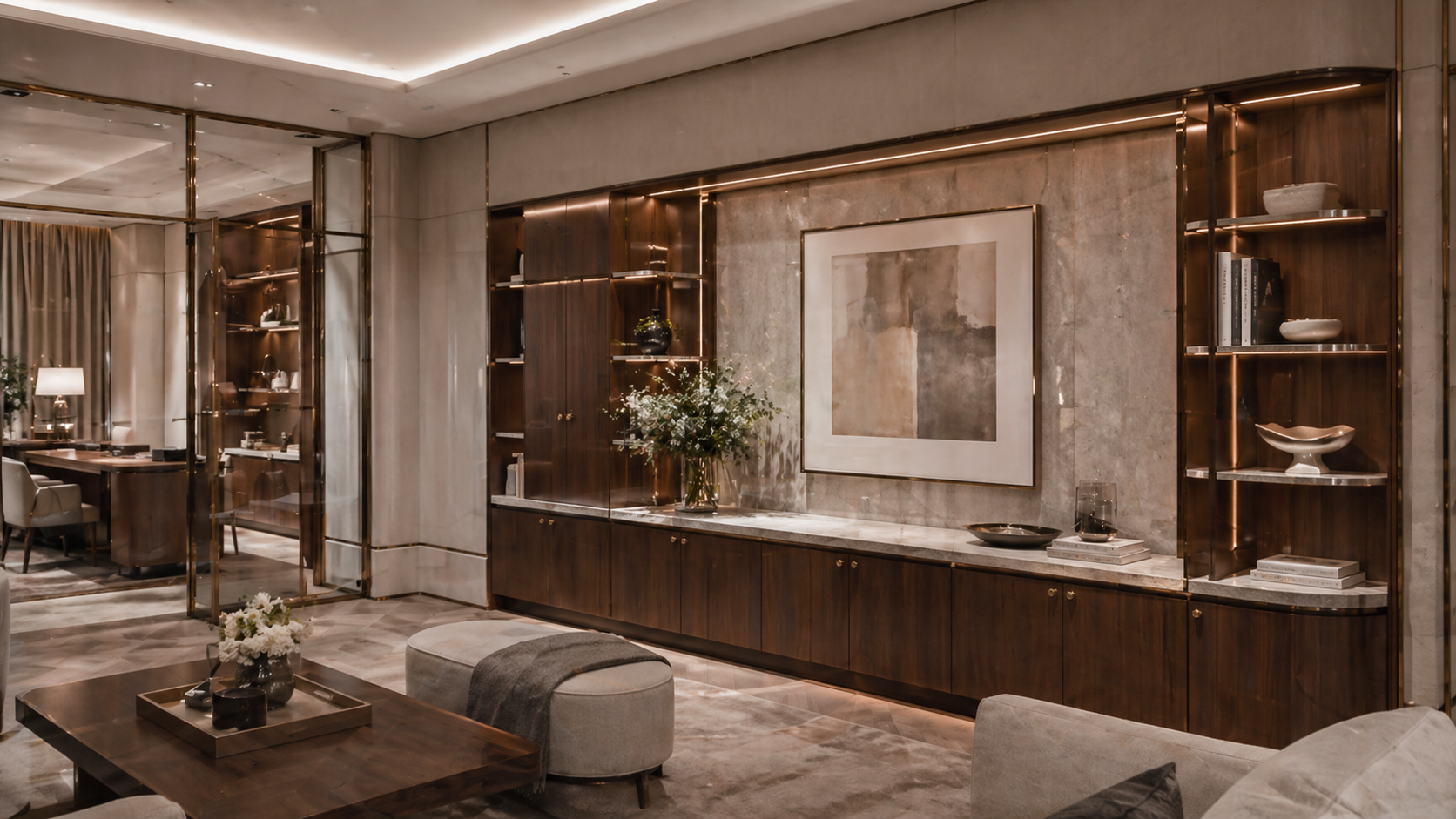 Design-led living interior with bespoke cabinetry and shelving