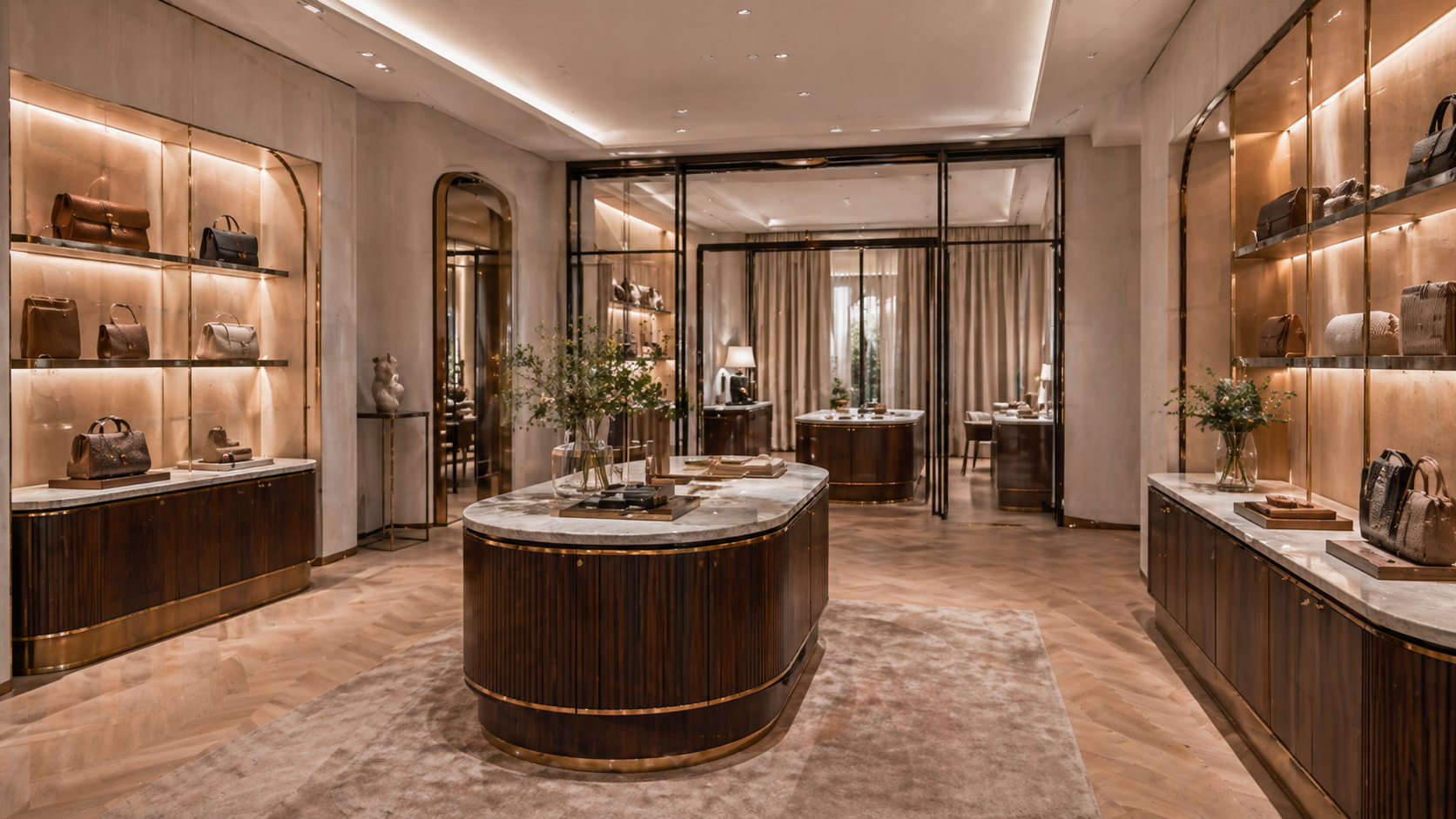 Luxury boutique interior with warm lighting and bespoke display cabinetry