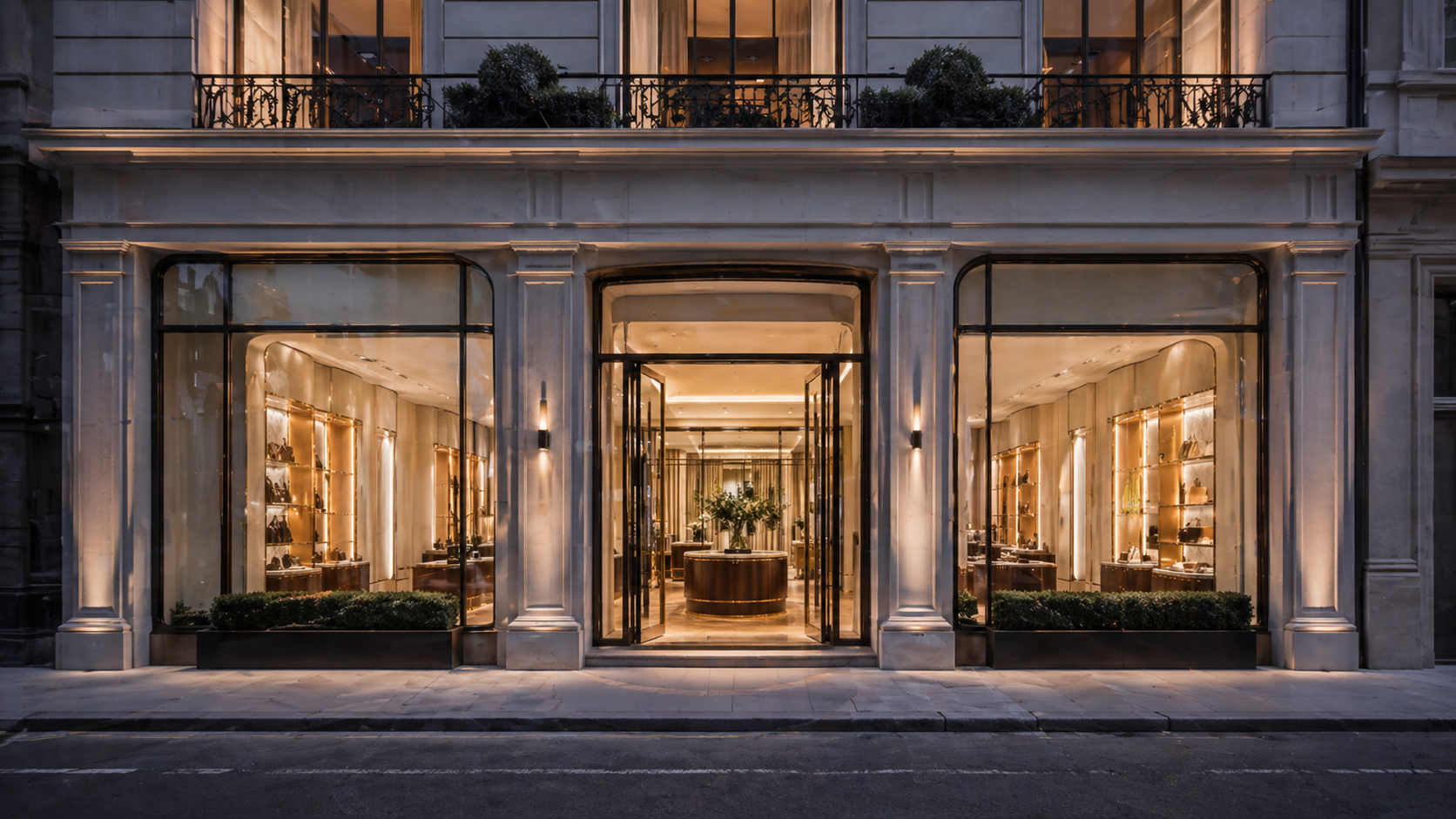 Elegant boutique storefront at dusk